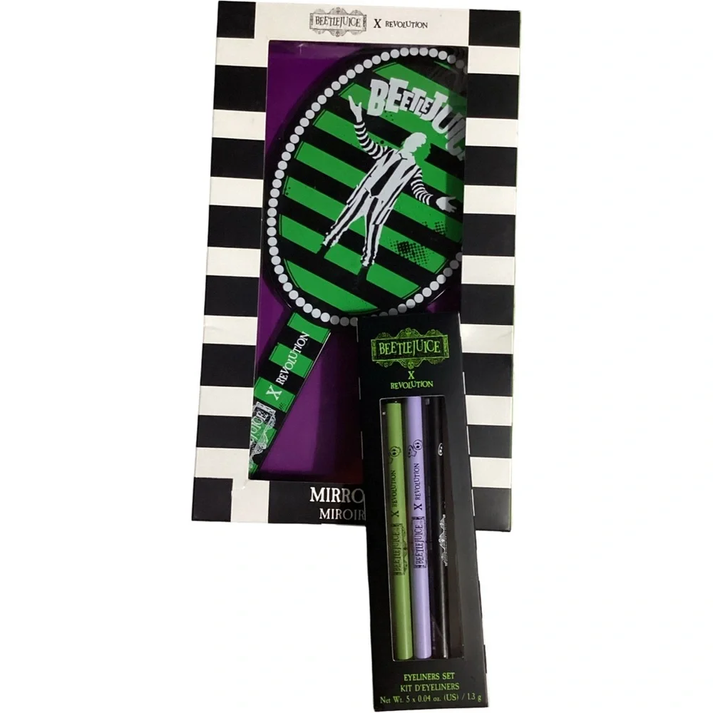 Revolution Warner Bros Beetlejuice Han Mirror + 5pc Eyeliners Kit Tim Burton NEW